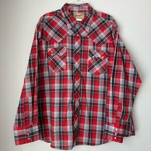 Wrangler Button Up Shirt Red Plaid Pearl Snap Long Sleeve Western Size XXL